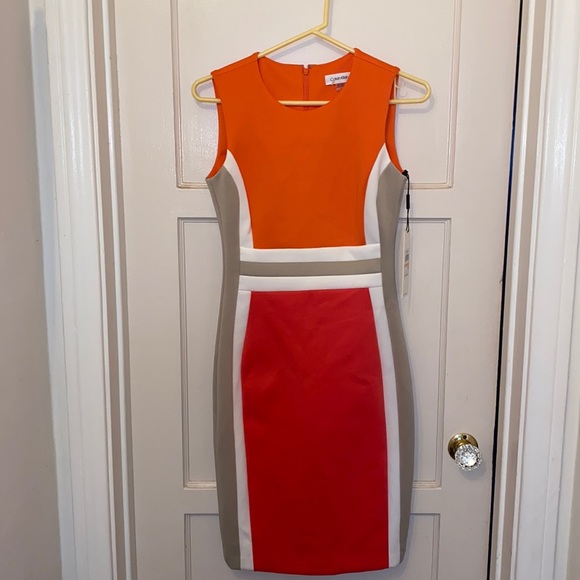 CALVIN KLEIN COLORBLOCK SCUBA BANDAGE SHIFT DRESS SZ 2 SUMMER ORANGE PINK - Picture 4 of 9